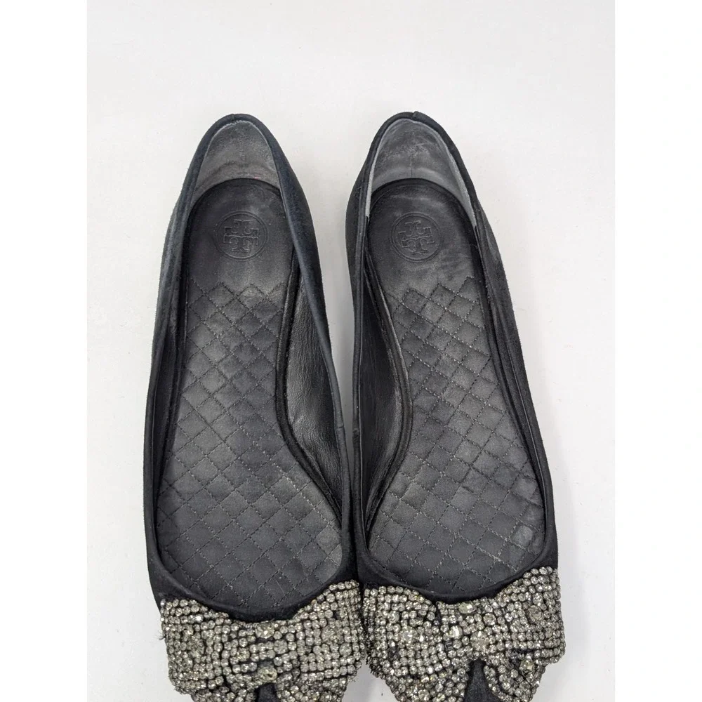 Tory Burch Esme Crystal‎ Rhinestone Bow Flats Black Suede Women's Size 9 M Shoes